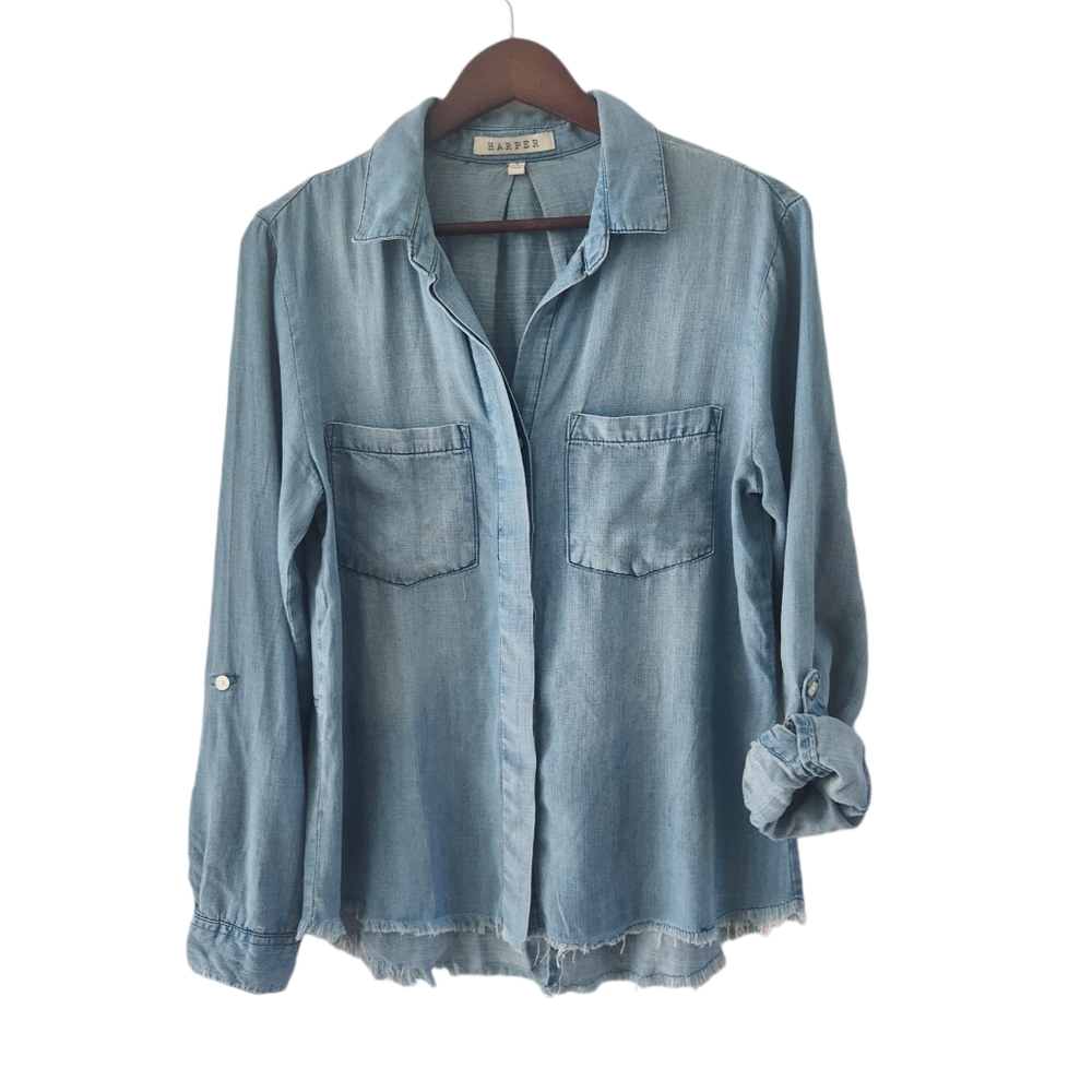 Harper Chambray Button Front Split Back Roll Tab … - image 1